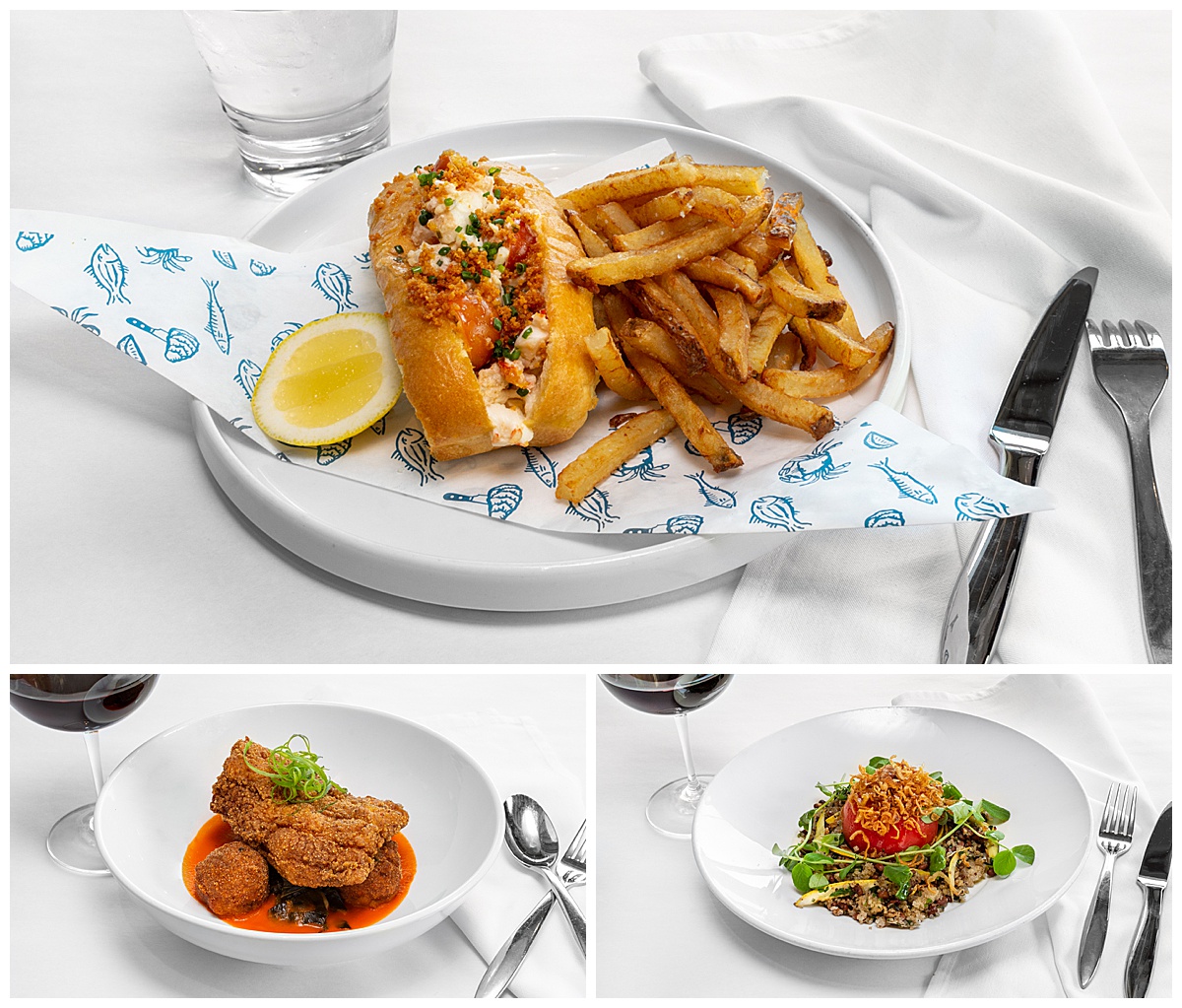 Main dishes from Jax Fish House & Oyster Bar Restaurant sit on white plates with a white tablecloth, white napkins, water, wine, and silverware around them.