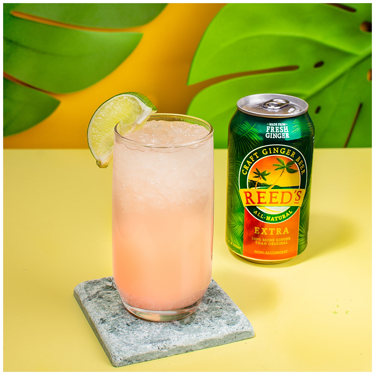 A tall pink cocktail with ice and a lime sits on a stone coaster next to an unopened can of Reed's Craft Ginger Beer. They're sitting on a yellow background with monstera leaves behind them. The cocktail is also made with ginger ale.
