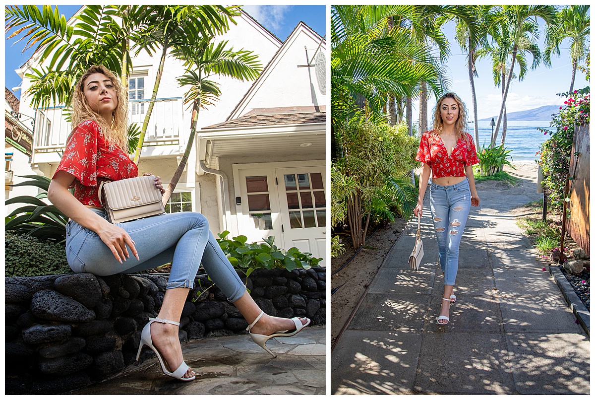 Woman with curly blonde hair wearing a red shirt models a white Coach purse posing in a fashion photoshoot.