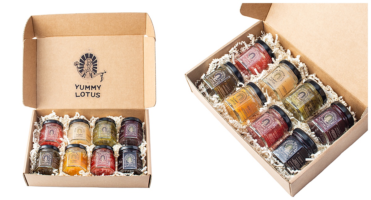 E-commerce product on white showcasing the Yummy Lotus gift box with eight mini jams.