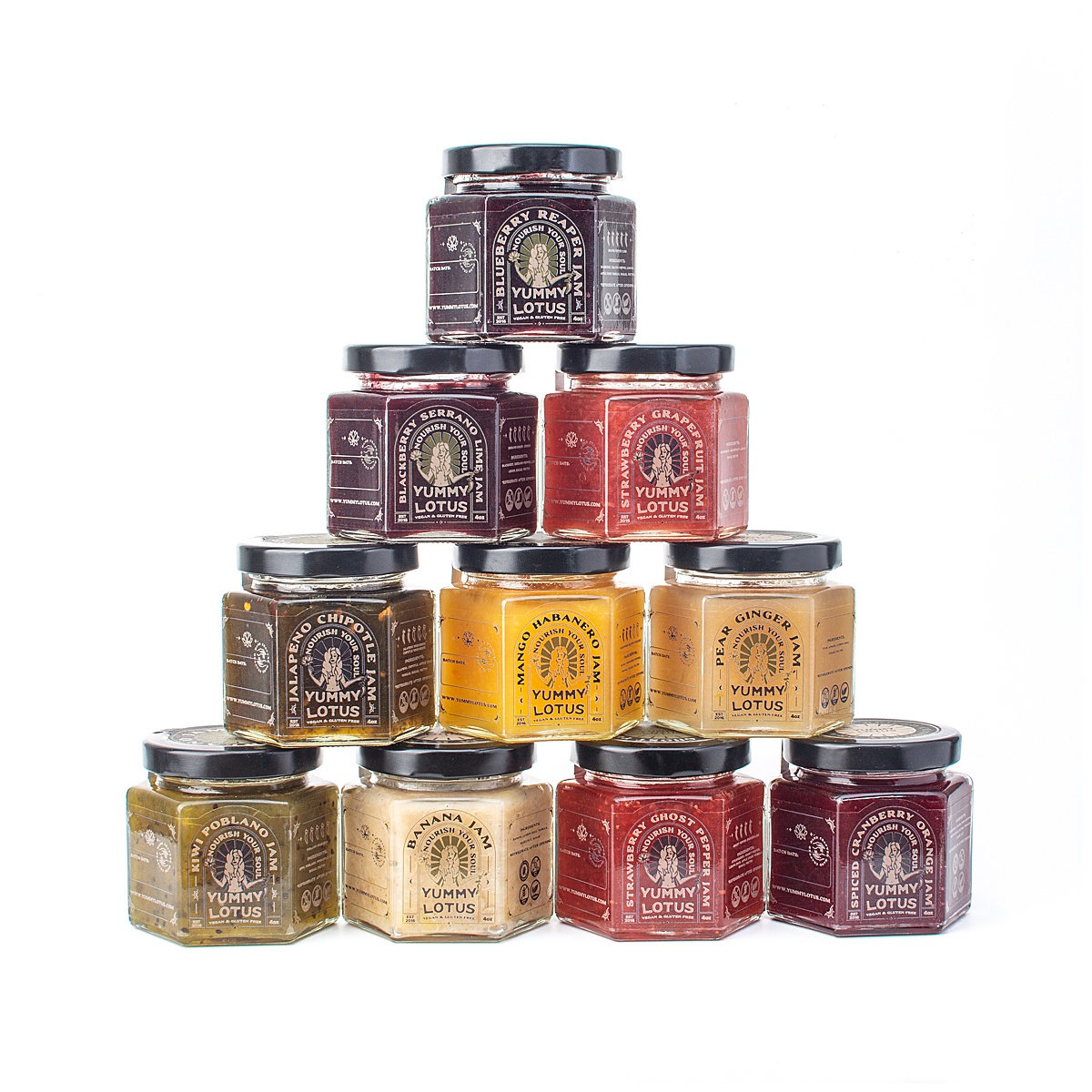E-commerce product on white showcasing ten Yummy Lotus jams stacked in a pyramid.