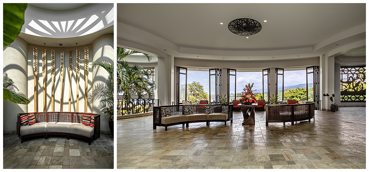 The lobby area of the Outrigger Kona Resort. The lobby is open air, with lots of windows open towards the ocean.