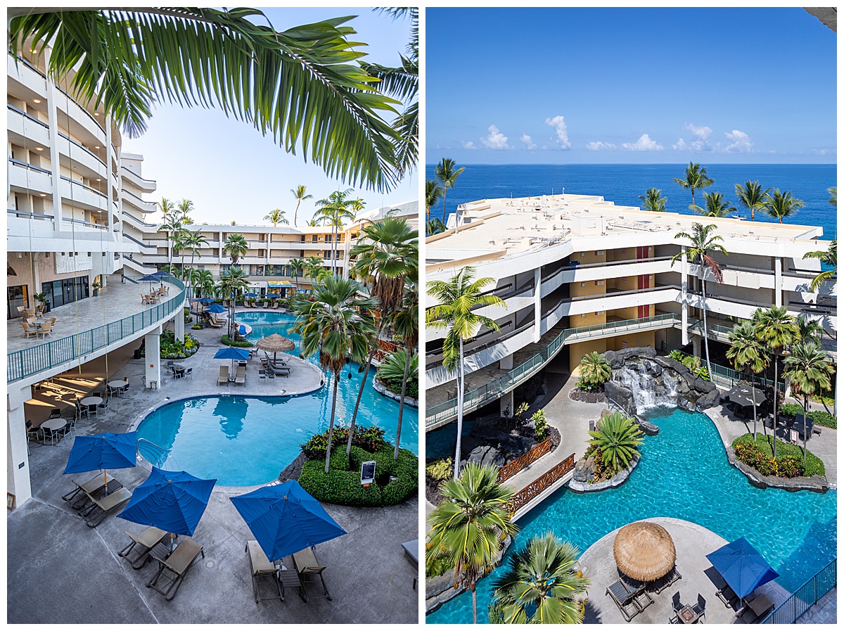 More overhead views of the pool and resort. From the top of the resort, you can see the ocean over the resort buildings.