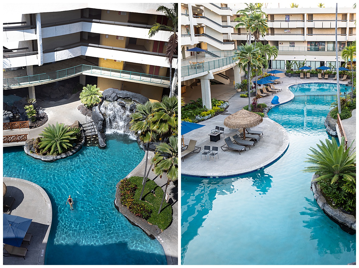 An overhead view of the adults only pool. There is a woman floating in the pool. The pool is surrounded by chairs where people can lounge.