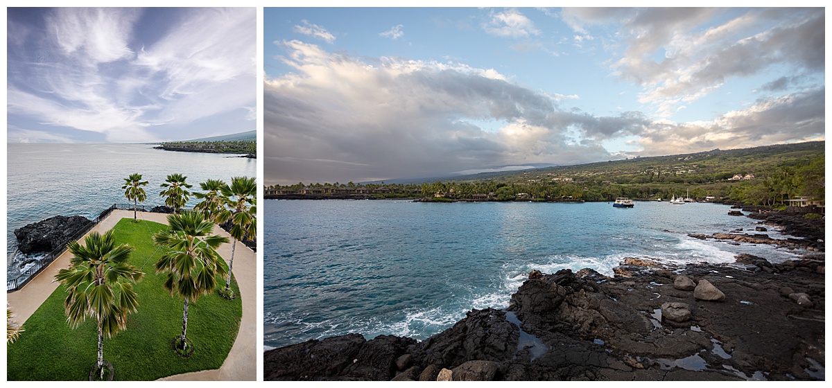 Views from the top of the hotel over Keauhou Bay. It is close to sunset and the boats are preparing to go out onto the ocean. One photo has a lawn with palm trees and the other has black rocks in the foreground.