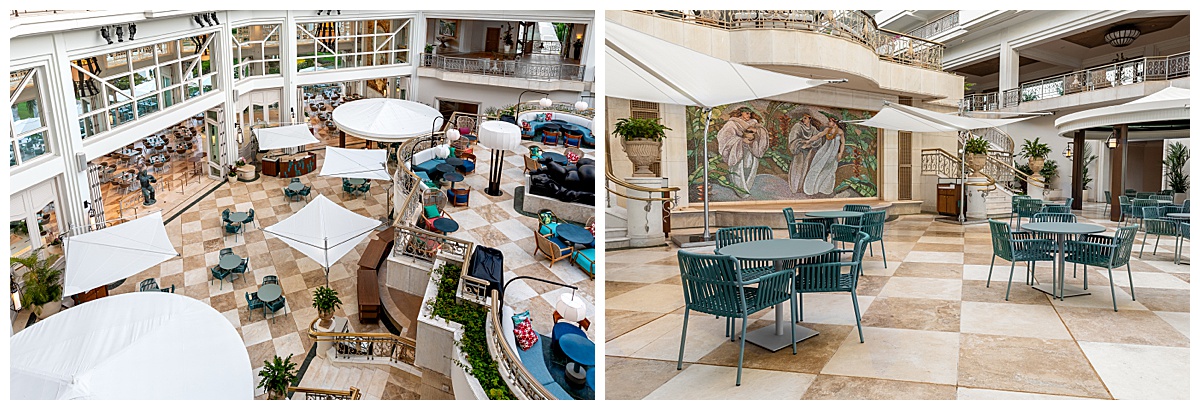 An overhead view of the lobby seating of the Grand Wailea 'Ikena Restaurant. The tables and chairs are teal and the floor is cream and brown marble square tiles.