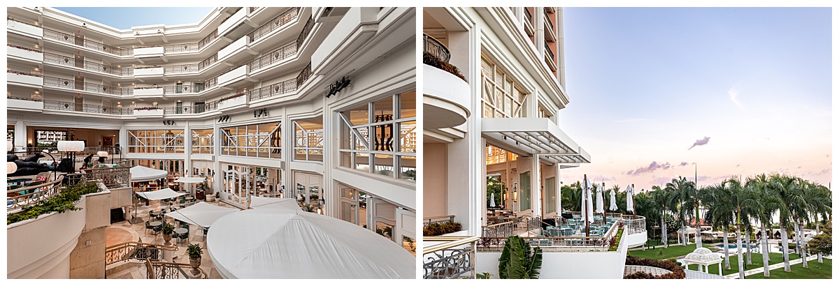 Pulled back views of the Grand Wailea 'Ikena Restaurant from the inside and outside. The building is white with lots of windows and warm light.