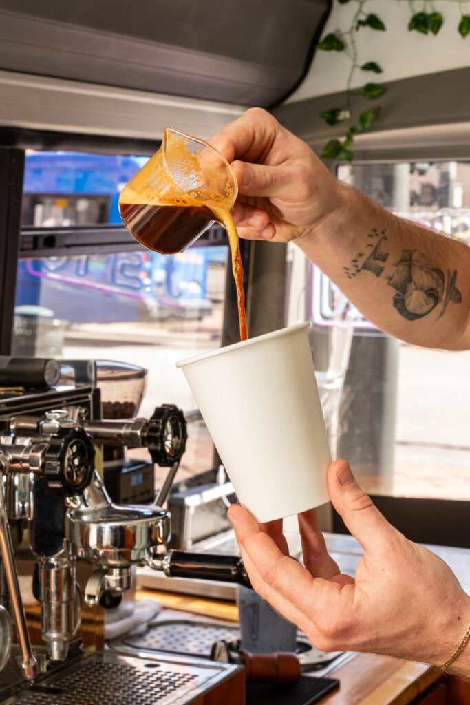 Close-up of professional espresso machine inside Buspresso truck Denver