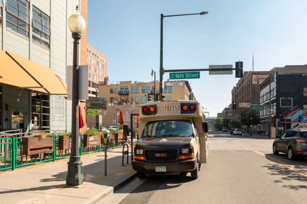 Buspresso mobile coffee truck parked on 16th Street Denver